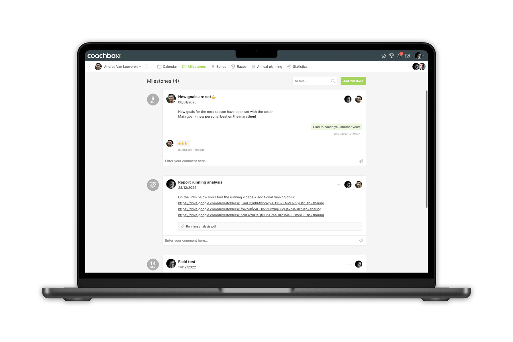 Coachbox mijlpalenoverzicht